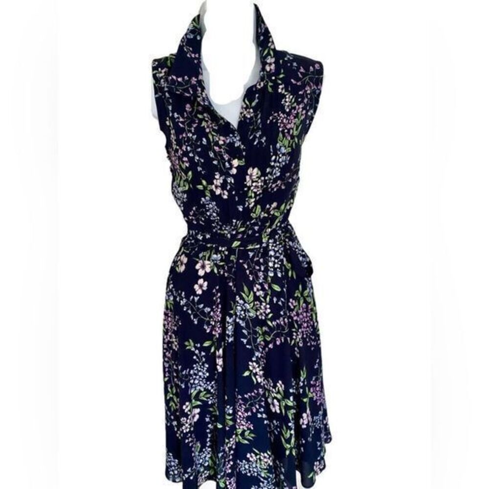Nanette Lepore Pintuck Pleat Dress - S navy blue floral print , polyester